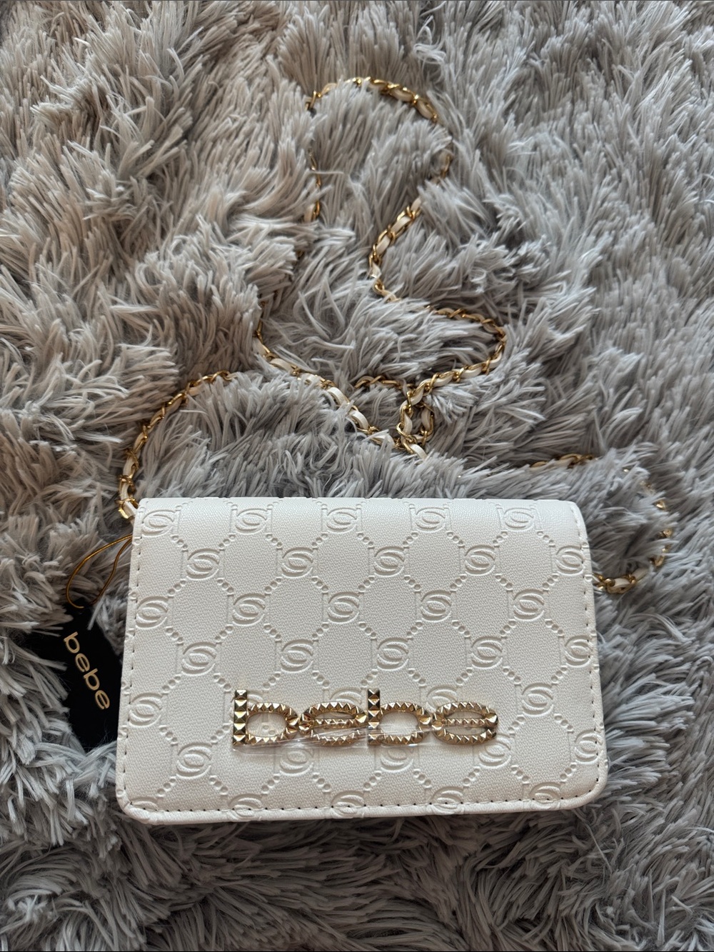 bebe White Quilted Logo Crossbody with Gold Chain